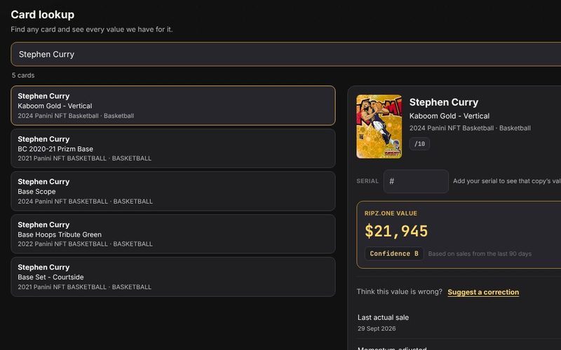 Card lookup, example screen